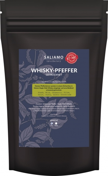50g Whiskypfeffer schwarzer Pfeffer in Whisky eingelegt und getrocknet